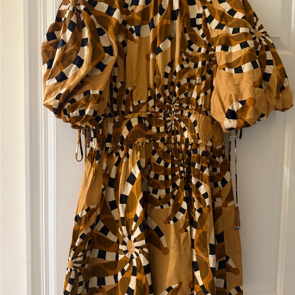 Brown and Tan Abstract Patterned Fabric dress by Farm Rio, sold by Anthropology